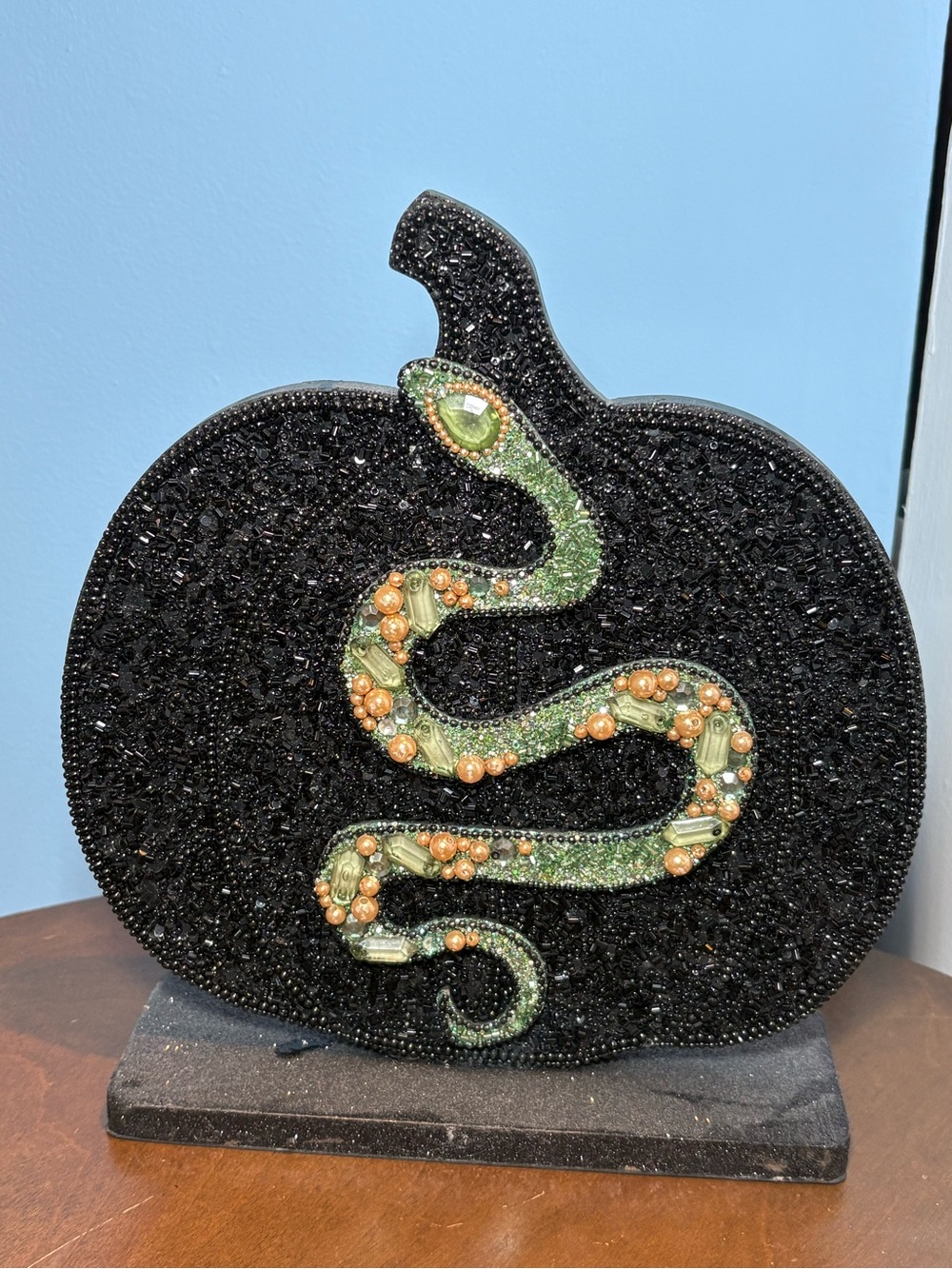 Black Beaded Pumpkin Accent with Green and Gold Snake Detail